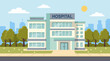© FaiSTUDIO - Modern hospital building exterior in a flat cartoon style with city background