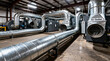 © JohnLee - Industrial system with stainless steel ducts, forced ventilation of buildings and industrial equipment, large metallic ducts for air inlet and outlet, air renewal, industrial HVAC system...