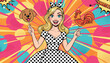 © Shuvo - Vibrant pop art illustration of a blonde woman holding a dog and a rooster lollipop against a sunburst.