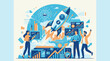 © Andi - Modern flat design illustration of a successful business startup launch, depicting rapid growth, financial success, technological innovation, data analysis, and teamwork.