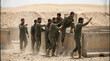 © SUCCESS HOLDINGS - Military trainees helping teammate climb concrete barrier in desert obstacle course with dust sunlight showing teamwork endurance field training physical challenge resilience team support