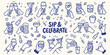 © Ishtiaq - Clinking cocktail glasses held by diverse hands during a festive toast against a cream background with blue line drawings celebrating good times and social gatherings