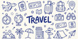 © Ishtiaq - Whimsical hand-drawn travel doodles with airplane passport and hotel icons on a light textured background conveying adventure