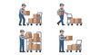 © Satriyo - Set of delivery man courier character carrying cardboard boxes and pushing hand trolley cart, shipping and logistics service illustration