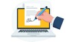 © Designer - Business contract signing, electronic document, hand holding pen, laptop screen
