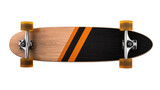 Wooden skateboard with orange and black stripes and amber wheels