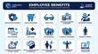 © PixelMark - Employee benefits icon set, corporate workplace and staff perks graphics, human resources healthcare and financial planning vector icons