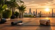 © ScenstationID - Yoga mat, rooftop and sunset with city skyline for wellness, fitness and meditation routine. Exercise, terrace and balcony with view, plants and wood deck for healthy lifestyle, peace and calmness