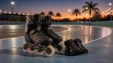 Inline skates, rollerblades and protective gear on outdoor rink at sunset for fitness, sports and leisure lifestyle. Black footwear, wheels and palm trees in summer with lights, evening and hobbyists