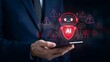 © Amena - Man holding smartphone with AI robot and warning signs