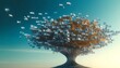 © Delilah zoe - Surreal digital tree made of data blocks with golden foliage branches reaching skyward.