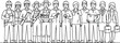 © Mon - professional workers line art clipart set with cartoon carpenter engineer farmer mechanic nurse delivery courier and business executive
