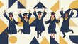 © MouSultana - Group of five diverse students in dark graduation gowns and caps jumping for joy against a geometric abstract background pattern.