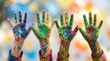 © Sukon - Hands of children covered in bright paint symbolizing community betterment and social impact.