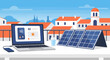 © Arcopollo - Laptop and solar panels on a rooftop, illustrating AI-powered renewable energy solutions.