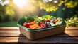 © Steven - wholesome fresh food meal box featuring colorful vegetables on a rustic wooden surface bathed in morning sunlight
