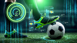 Futuristic Soccer Technology: A soccer player's foot rests on a ball, surrounded by glowing green digital interfaces and data visualizations, suggesting advanced analytics and technology in sports.