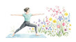 © gabriel - Woman practicing yoga warrior pose in a field of blooming spring flowers watercolor illustration