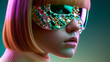 © Nick Freund - Frau mit pinkfarbenem Haar trägt Edelsteinmaske, Seitenprofil, farbverlaufender Hintergrund, futuristisches Design