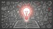 © ABDULLAHAL - Glowing light bulb above an open book with educational chalk sketches on a blackboard