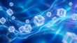 © tamuuu - Abstract liquid crystal blue background with floating transparent cubes and light waves