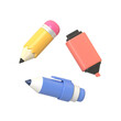© Oleksandr - Vibrant 3D stationery float featuring a yellow pencil pink marker and blue pen ideal for creative projects.back to school and education.3d render