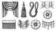 © VectorEngraveHalfton - Vintage hand drawn interior textile decor elements set with curtains, tassels, ropes, pillows and fringe in engraving style