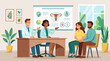 © Inara Studio - Flat vector illustration of a diverse couple having a medical consultation with two fertility specialists in a clinic, featuring a female reproductive anatomy diagram background.