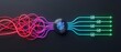 © Elite Studio - Tangled neon red wires connecting to blue target hub becoming organized green checkmark workflow on dark background. Concept of workflow optimization and digital problem solving.
