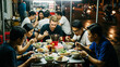 © Tharadon - Customers Eating Street Food Plastic Stools Table Night Market Asian