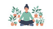 © Andy - A young woman sits cross-legged on the floor, meditating peacefully while surrounded by numerous green potted houseplants in a minimalist setting.
