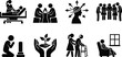 © Rokon - Mental health, grief counseling, elder care, and medical support black silhouette vector icon set for healthcare concepts
