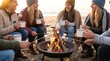 © Nina - Group of young adult women friends roasting marshmallows at beach bonfire at sunset, cozy autumn camping lifestyle with hot drinks