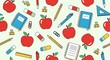 © momoka - 学ぶことの喜びを表現する楽しく賑やかなバックグラウンドイラスト 新学期に向けて準備する生徒たちの学習意欲を高めるノートや鉛筆消しゴム定規といった文房具と健康的な赤リンゴが明るい緑の背景に繰り返し配置されたポップなシームレスパターン. AI Generated