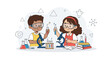 © Chaca - Children conducting science experiment in laboratory with microscopes and test tubes.
