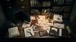 © Niju - A detective's cluttered office desk with crime scene investigation materials and a red string crime map