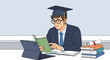 © Jane - Young student in graduation cap studying with books and tablet.