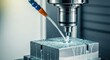© Phetthanousack - An industrial automated milling machine head cuts through steel with high accuracy as a stream of coolant liquid clears metallic debris, spray, tool, machine