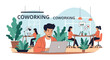 © ultimate - Flat vector illustration of a modern coworking space with young entrepreneurs using laptops. Features a central male character, female colleagues at desks, indoor plants, and office charts.