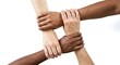 © Jittiwan - Four multi-cultural hands overlapped and clasped together against white background