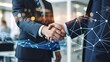 © millennium - Business partnership handshake with digital network technology and corporate collaboration concept