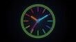 © Calm - Detailed neon clock with colorful rotating segments on deep black professional background.