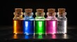 © Arreum - Row of six small glass bottles with cork stoppers containing colorful liquids on a dark surface with reflections against a black background.