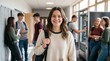 © Eve - Happy teenage girl student with backpack smiling in school corridor. Group of high school or college students talking near lockers and vending machine. Education and youth lifestyle concept.