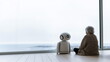 © seogi - An elderly person sitting by a wide window overlooking the sea, gazing out, and a robot accompanying them from the side. AI Healthcare, Silver Town, Senior Life, Future Technology.