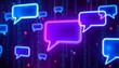 © Husen - Vibrant neon speech bubbles glow in a digital environment with code.