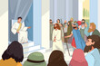 © Volha - Ancient teacher seated on raised steps addressing gathered crowd with speaking gesture, surrounded by robed listeners, spear bearer, and city backdrop in flat colorful illustration