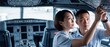 © Fernando - Pilots in cockpit operating control panel during flight preparation in modern commercial airplane, demonstrating professional teamwork, safety, and leadership between Asian female and male aviators