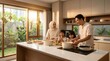 © ALFARUQ - Happy Muslim family cooking together in kitchen for Eid celebration