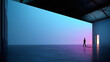 © Lustre Art Group  - Business person walks through vast futuristic interior with soft blue and pink glow, reflective floor, and large copy space. Fits technology branding, corporate design, and innovation campaigns.
